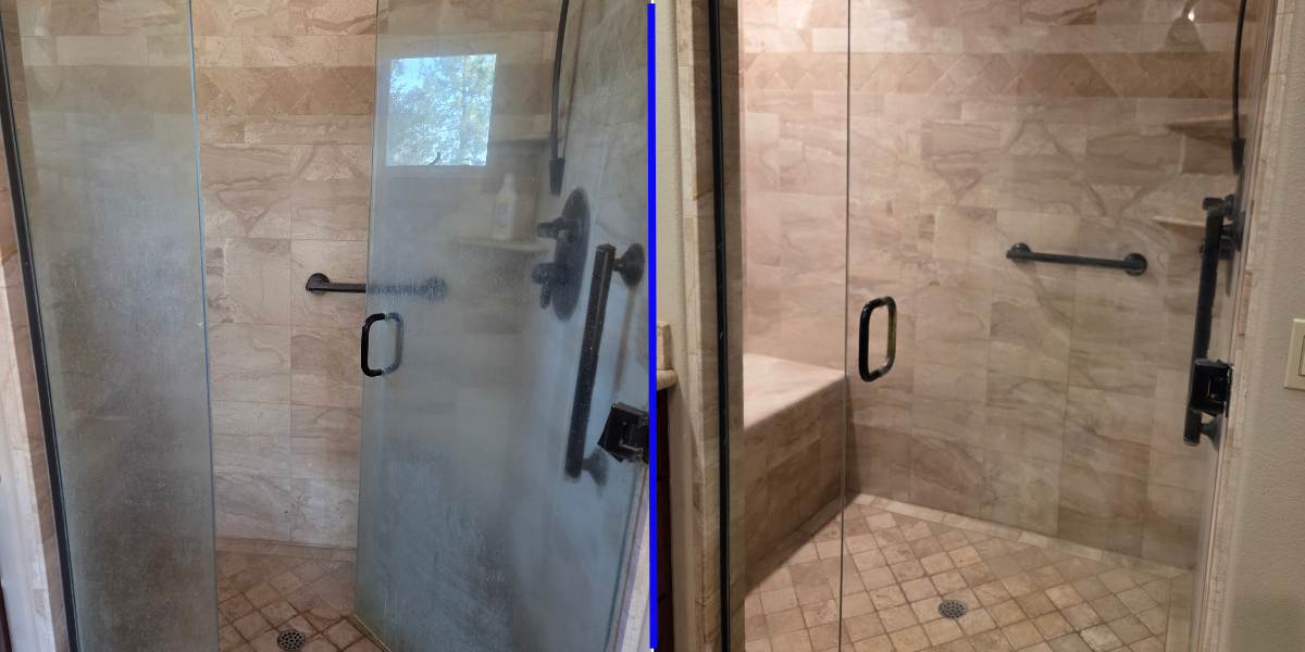 Volcano's shower glass before and after cleaning